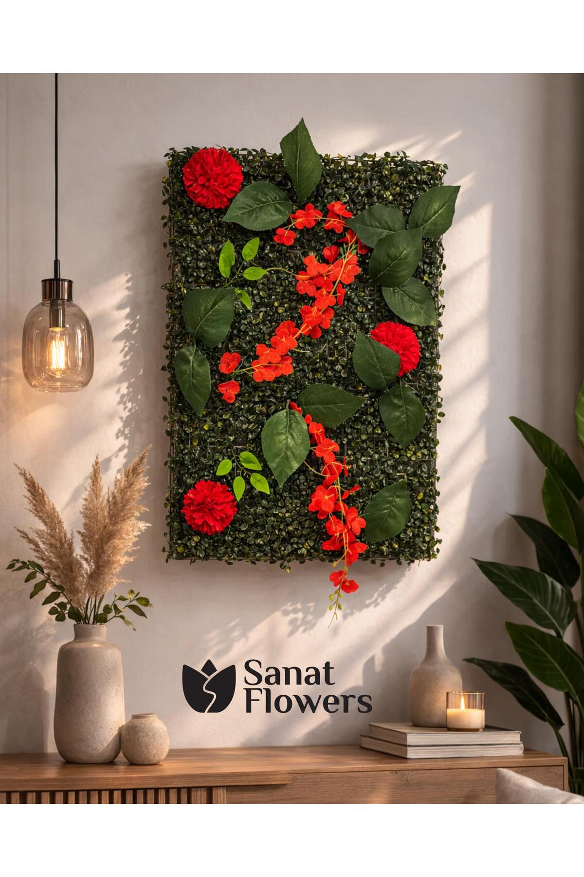 Kırmızı Güllü Yapay Çiçek Panel 40x60 cm Canlı Dikey Bahçe Duvar Dekoru