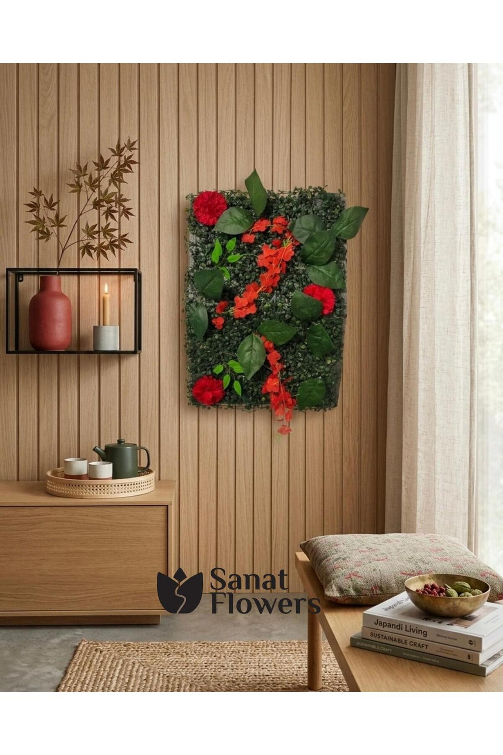 Kırmızı Güllü Yapay Çiçek Panel 40x60 cm Canlı Dikey Bahçe Duvar Dekoru