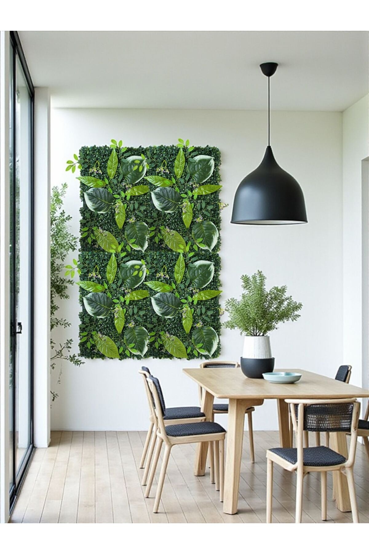 Doğal görünümlü geniş yapraklı yapay dikey bahçe duvar paneli 40x60 cm