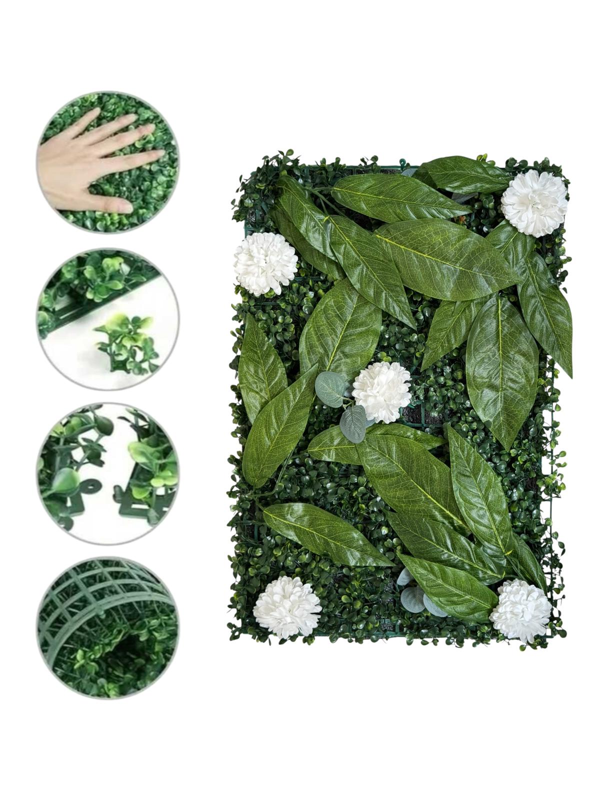 Beyaz Çiçekli Yapay Duvar Paneli 40x60 – Dekoratif Dikey Bahçe & Duvar Kaplama