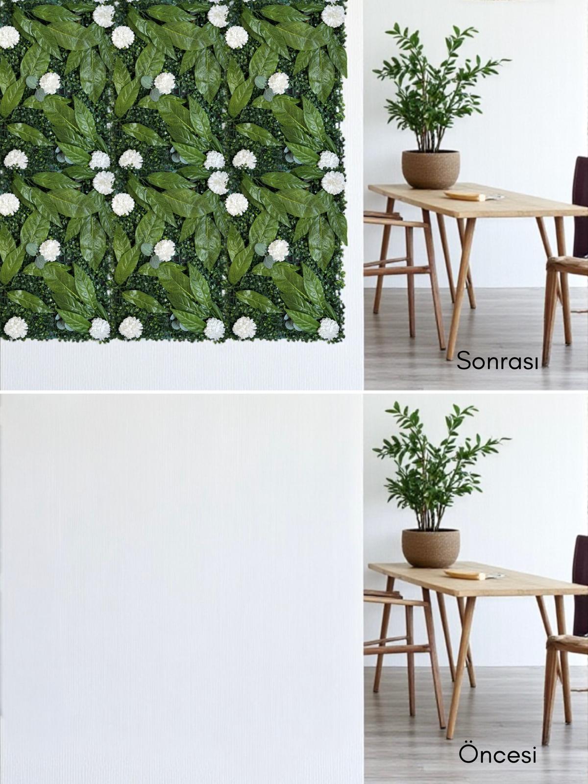 Beyaz Çiçekli Yapay Duvar Paneli 40x60 – Dekoratif Dikey Bahçe & Duvar Kaplama