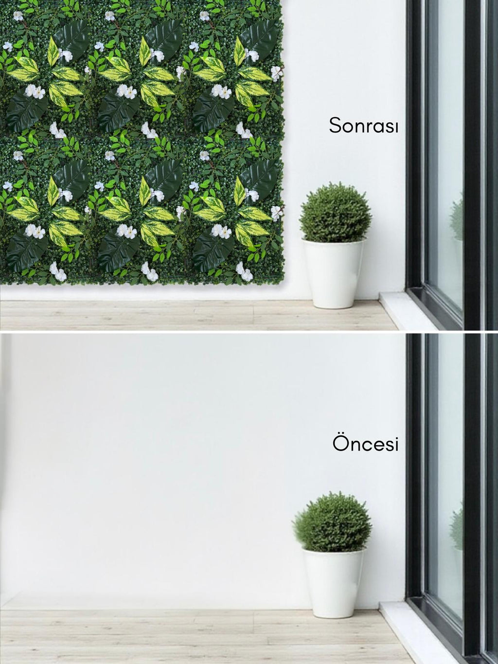 Beyaz Çiçekli Yapay Yaprak Duvar Paneli 40x60 – Dikey Bahçe Dekoru