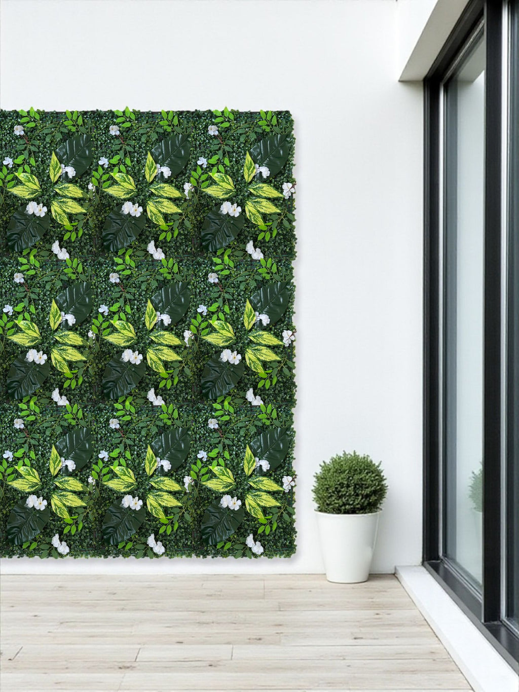 Beyaz Çiçekli Yapay Yaprak Duvar Paneli 40x60 – Dikey Bahçe Dekoru
