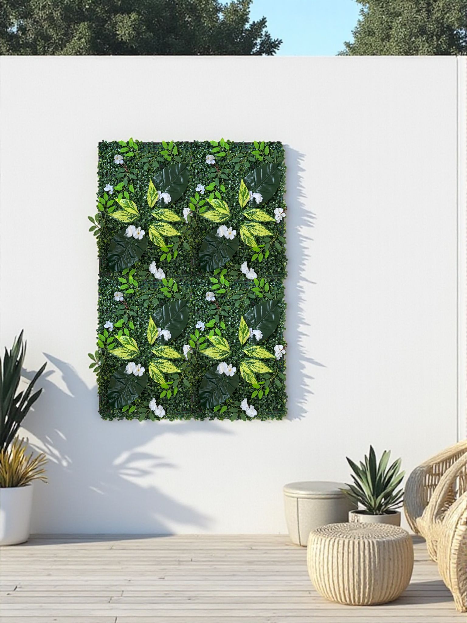 Beyaz Çiçekli Yapay Yaprak Duvar Paneli 40x60 – Dikey Bahçe Dekoru