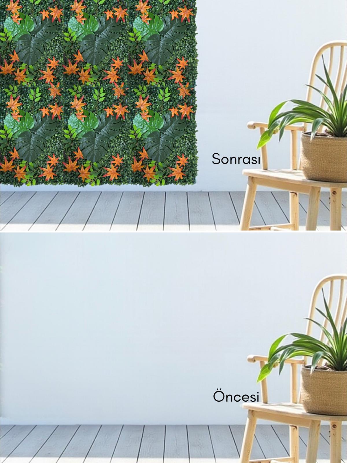 Turuncu Yapraklı Yapay Dikey Bahçe Paneli 40x60 – Sonbahar Temalı Duvar Kaplama Çiçek Paneli